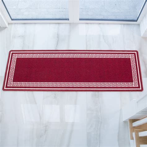 Red White Geometric Bordered Non Slip Washable Kitchen Utility Mat