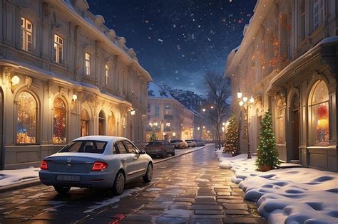 Premium AI Image | A painting of a snowy street with a colorful scene ...