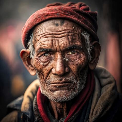 Premium Photo | An old man with wrinkles on his face looks at the camera.