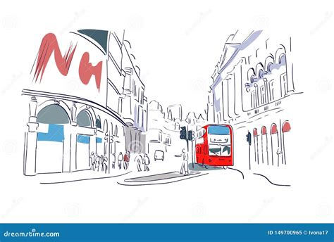 London Red Bus Watercolor Illustration Street View Stock Illustration - Illustration of ...