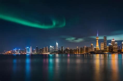 Premium AI Image | the aurora borealis is visible over the city skyline.