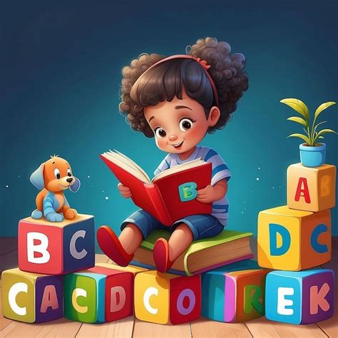 Premium Photo | Illustration of Children cartoon reading book and sitting on alphabet blocks
