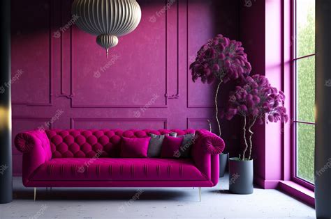 Premium Photo | Living room in trend viva magenta color a bright sofa ...