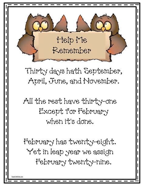 30 Days Hath September Poster Poem | Calendar activities, Kids poems ...