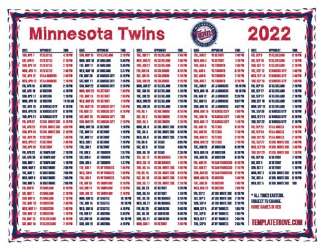 Printable 2022 Minnesota Twins Schedule