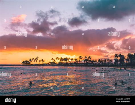 Waikiki beach sunset Hawaii Stock Photo - Alamy