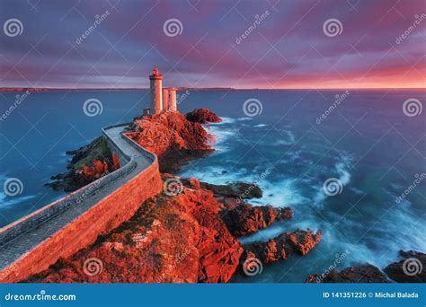 View of Lighthouse the Phare Du Petit Minou in Plouzane, at Sunset with Red Light , Brest ...