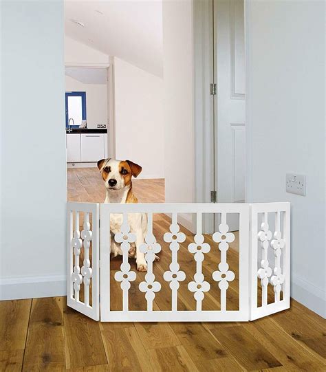 White Floral Wood Pet Dog Gate Foldable Adjustable 3-Section Freestanding Extra Wide. Keeps Pets ...