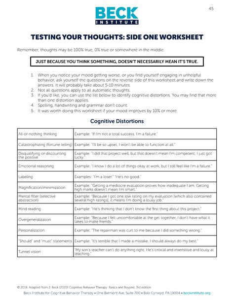 Thought Distortions worksheet - Remember, thoughts may be 100% true, 0% ...