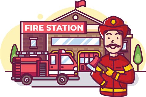 Fire fighter in front of fire station with fire truck 10666578 Vector ...