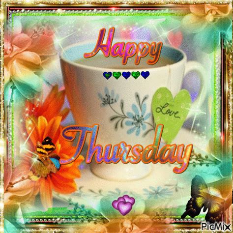 a happy thursday card with a coffee cup and flowers on the table next to it