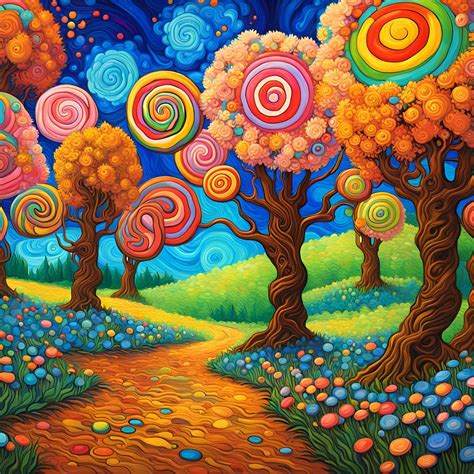 "rolling meadow with lollipop trees" by Van Gogh, Pixar, Disney, vibrant colors Candyland ...