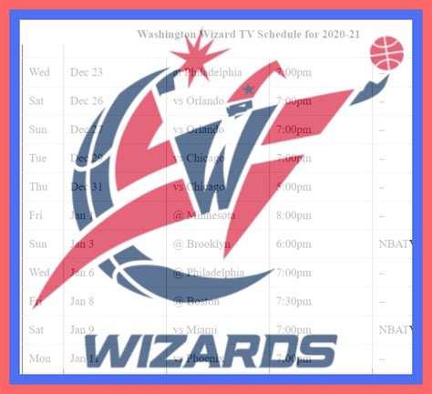 Printable Washington Wizards schedule (and TV schedule) for 2020-21 season - Interbasket