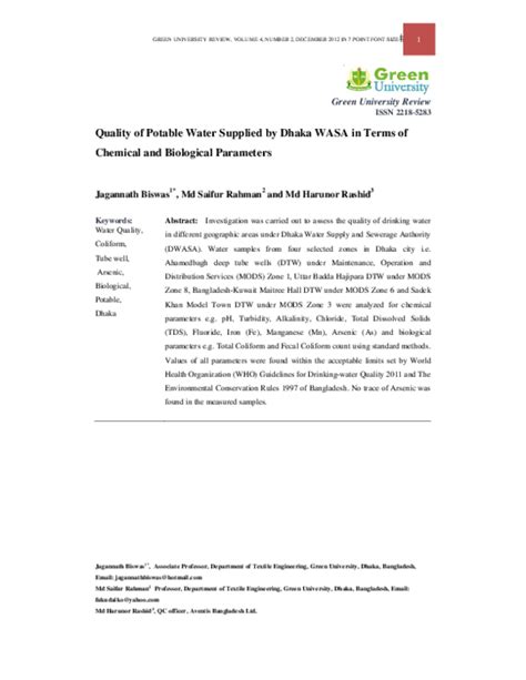 (PDF) Green University Review Quality of Potable Water Supplied by Dhaka WASA in Terms of ...