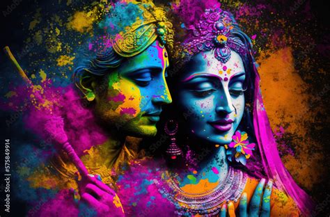 Hindu mythological couple Krishna and Radha in Holi festival concept ...