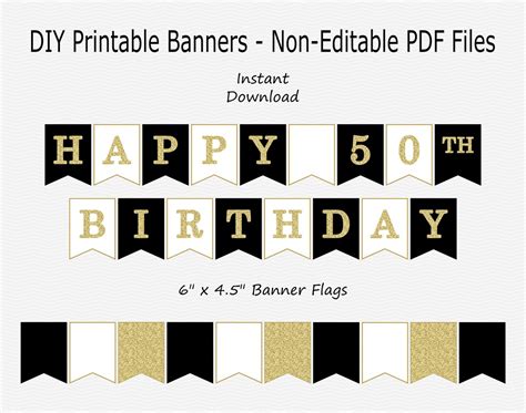 Happy 50th Birthday Banner Black, White & Gold Glitter PRINTABLE INSTANT DOWNLOAD - Etsy