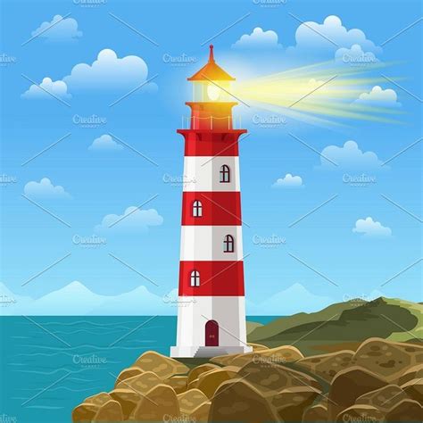 Lighthouse on ocean beach | Lighthouse painting, Beach cartoon ...