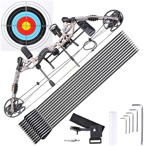 Archery Hunting Compound Bow Kit Right Hand w/ 12pcs Carbon Arrows 20 to 70lbs Black/Camo Opt ...