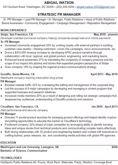 PR Manager Resume Example | Leet Resumes