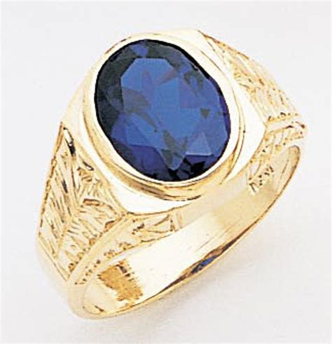 14k Yellow Gold 15mm Wide Men's Oval Synthetic Sapphire Center Stone Ring | Sarraf.com