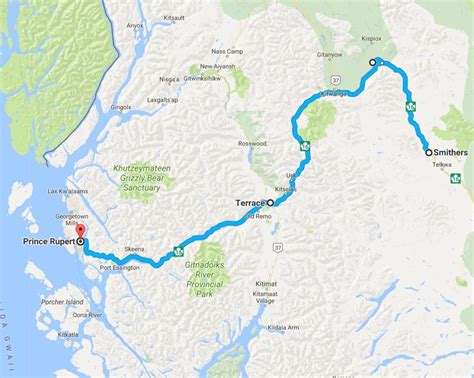 Map for road trip Smithers to Prince Rupert | Scenic drive, Vacation ...