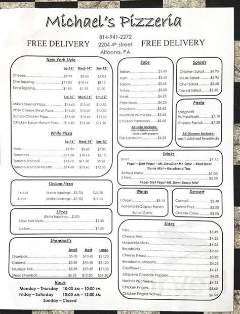 Menu for Michael's Pizzeria in Altoona, PA | Sirved