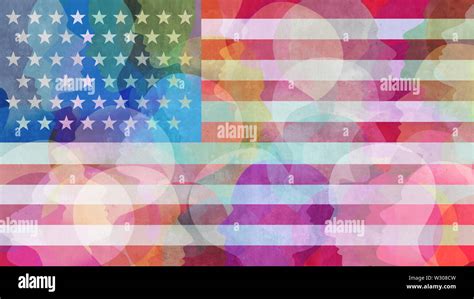 United States race diversity or ethnicity and people concept on an American flag background in a ...