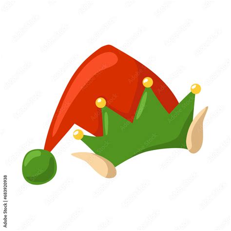 Christmas elf hat isolated on white background. A hat with ears and golden bells in red and ...