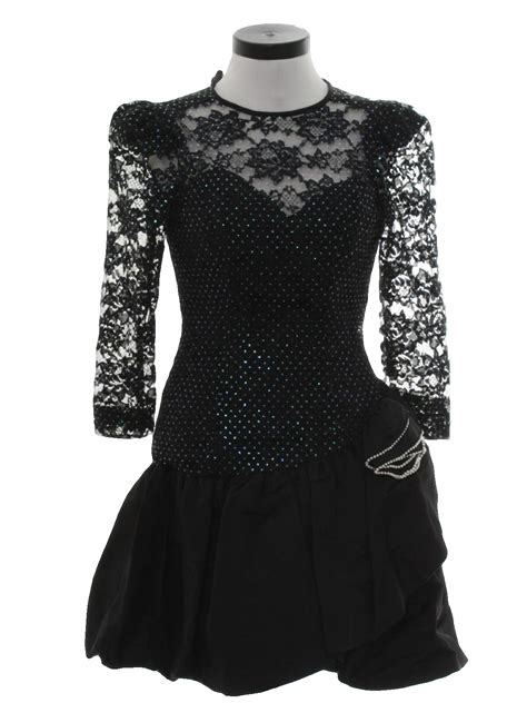 Eighties Vintage Cocktail Dress: 80s -Contempo Casuals- Womens black floral lace with shiny ...