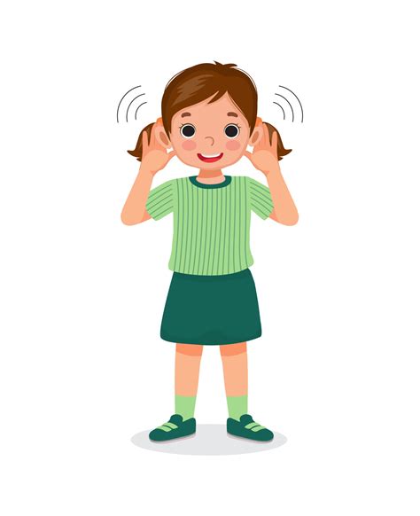 cute little girl with hearing problem try listening attentively by putting her hand to both ears ...