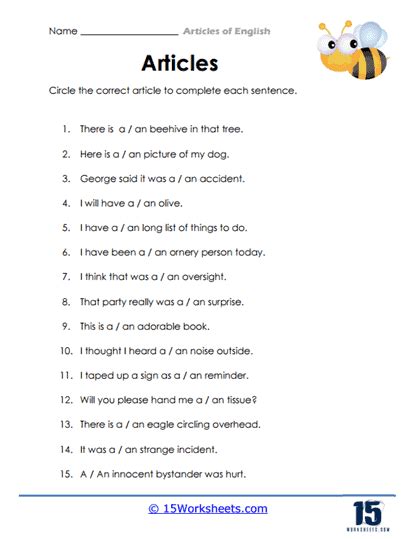 Articles of English Worksheets - 15 Worksheets.com