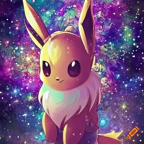 Glittery and multicolored fan art of pokémon eevee surrounded by flowers