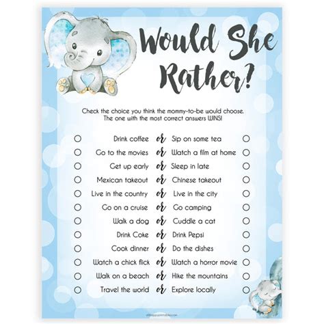 Would She Rather - Printable Blue Elephants Baby Shower Games ...