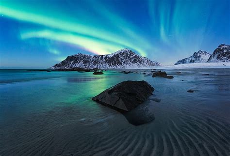 Lofoten, pemandangan, pegunungan, salju, puncak bersalju, batu, langit, Wallpaper HD ...