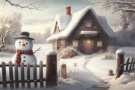 Snowy countryside day scene with wooden cottage and snowman at front ...