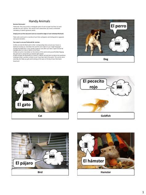 Spanish Revision Flashcards - Animals Download Printable PDF ...