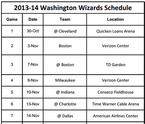 2013-14 Washington Wizards Schedule - PrinterFriendly