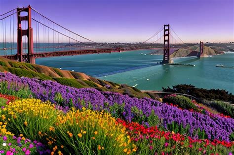 Premium AI Image | Golden Gate Bridge San Francisco purple flowers California