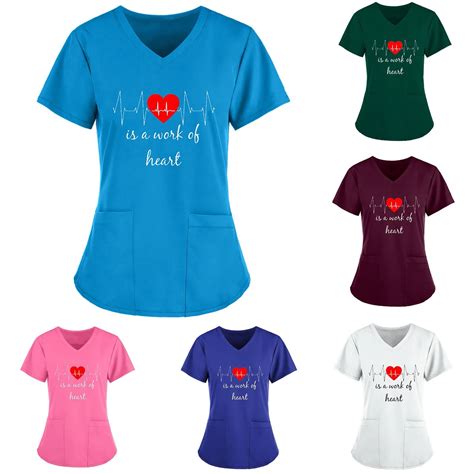 Nurse Uniform Women Heart Print Short Sleeve Carer Nursing Workwear ...