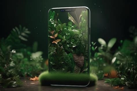 Premium Photo | A smartphone with a green background and a leafy plant on the screen.