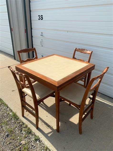 5PC Vintage Game Card Table Chairs Dining Wood Dinette Kitchen Bistro Poker Tea Bar Set Mid ...