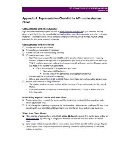 Appendix A. Representation Checklist for Affirmative Asylum Client