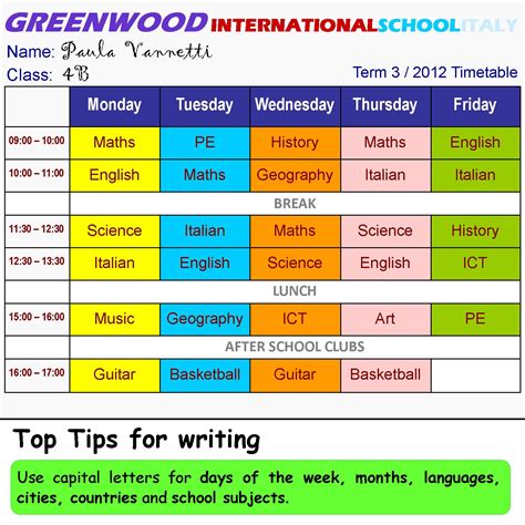 School timetable | ESOL Nexus