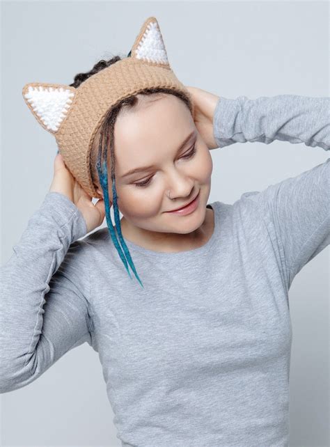 Beige cat headband Cat ears headband Cat ear warmer Cat | Etsy