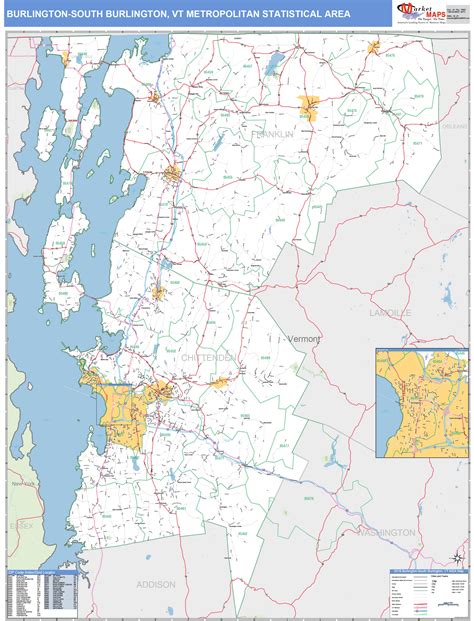 Burlington-South Burlington, VT Metro Area Wall Map Basic Style by MarketMAPS - MapSales