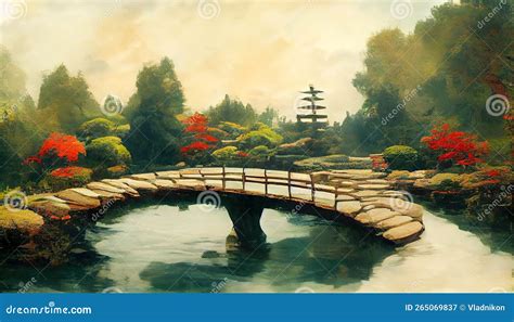 Japanese Garden with a Bridge Stock Illustration - Illustration of ...