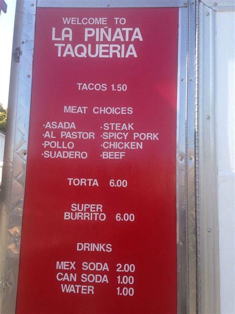 Menu at La Piñata Taqueria restaurant, Vallejo