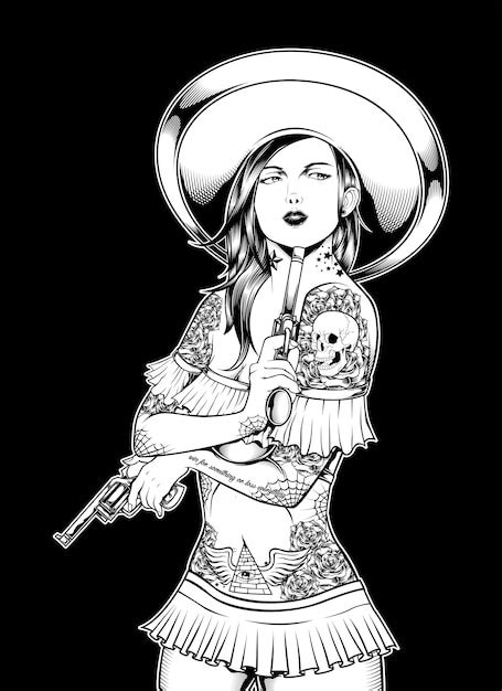 Premium Vector | Tattooed female mafia holding a gun