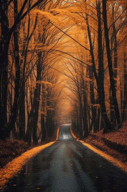 Premium AI Image | A dark road with a car driving through a foggy forest.