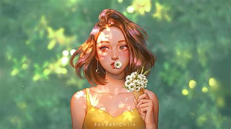 HD wallpaper: digital art, fantasy girl, flowers, green, Karmen Loh ...